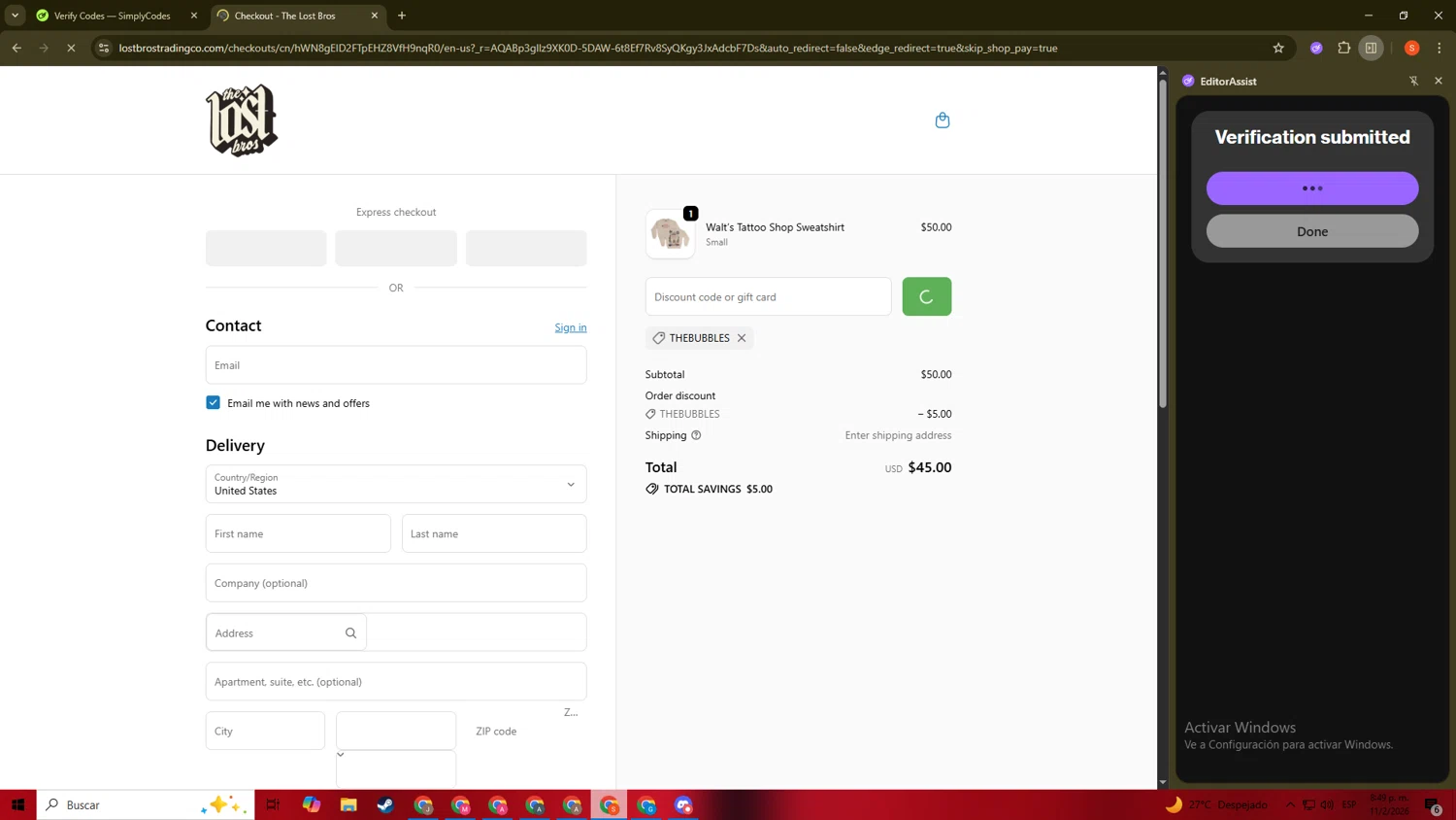 The Lost Bros discount code screenshot showing code THEBUBBLES applied at The Lost Bros checkout page. Uploaded by SimplyCodes community member ScanKnight8857 on Feb 12, 2026