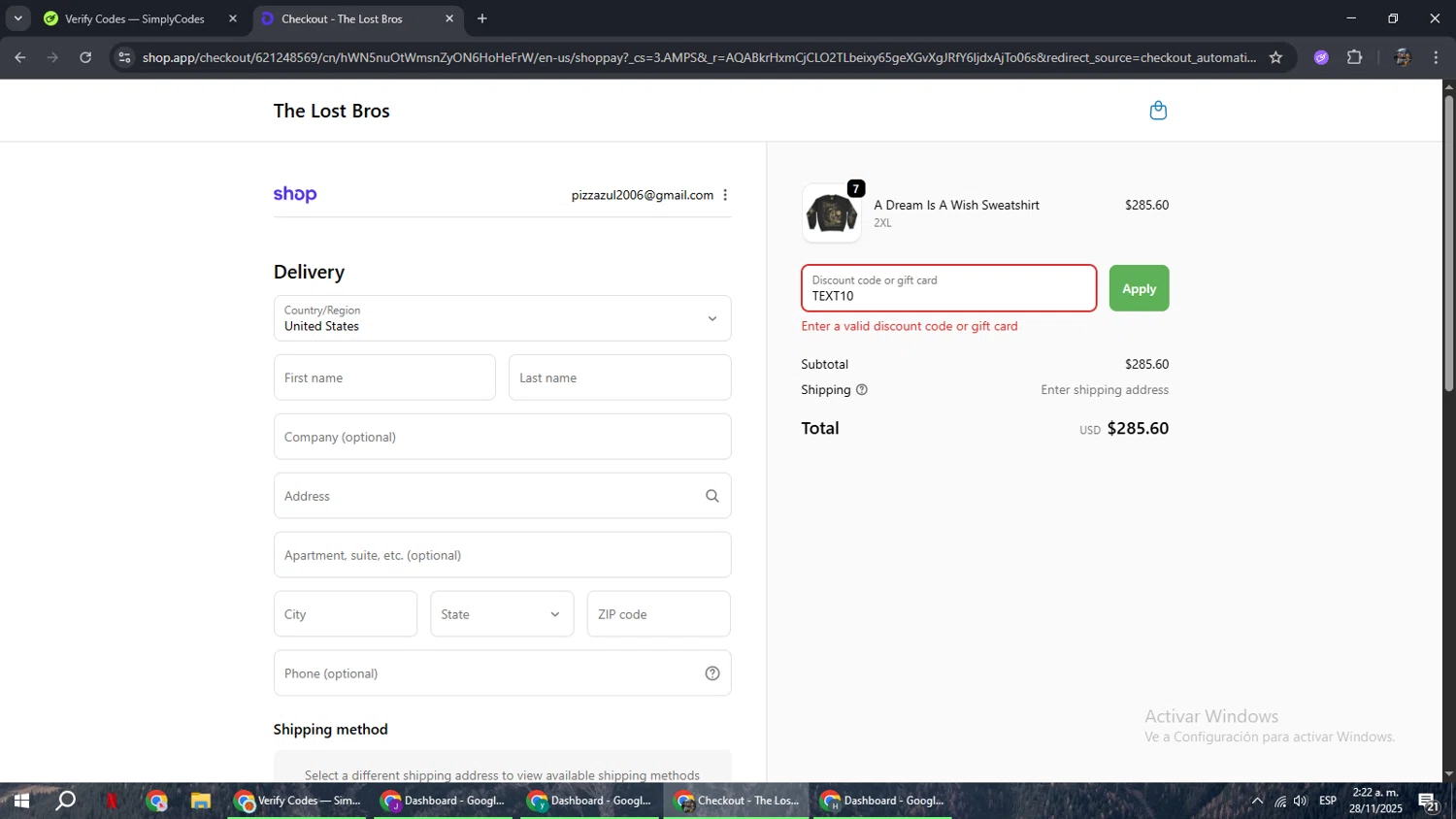 The Lost Bros discount code screenshot showing code TEXT10 applied at The Lost Bros checkout page. Uploaded by SimplyCodes community member xxdddd on Nov 28, 2025