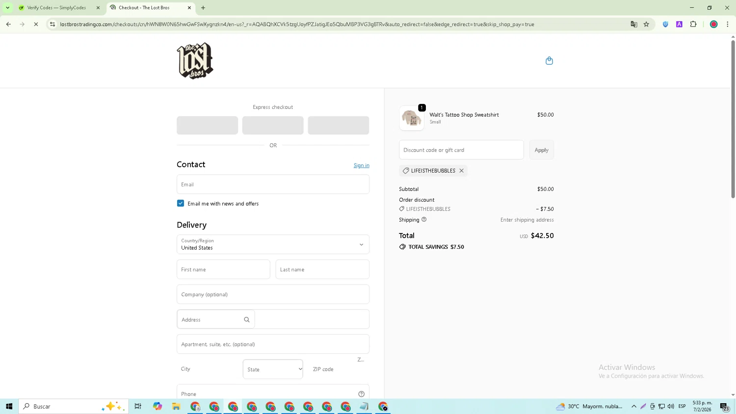 The Lost Bros discount code screenshot showing code LIFEISTHEBUBBLES applied at The Lost Bros checkout page. Uploaded by SimplyCodes community member GoldRanger7074 on Feb 7, 2026