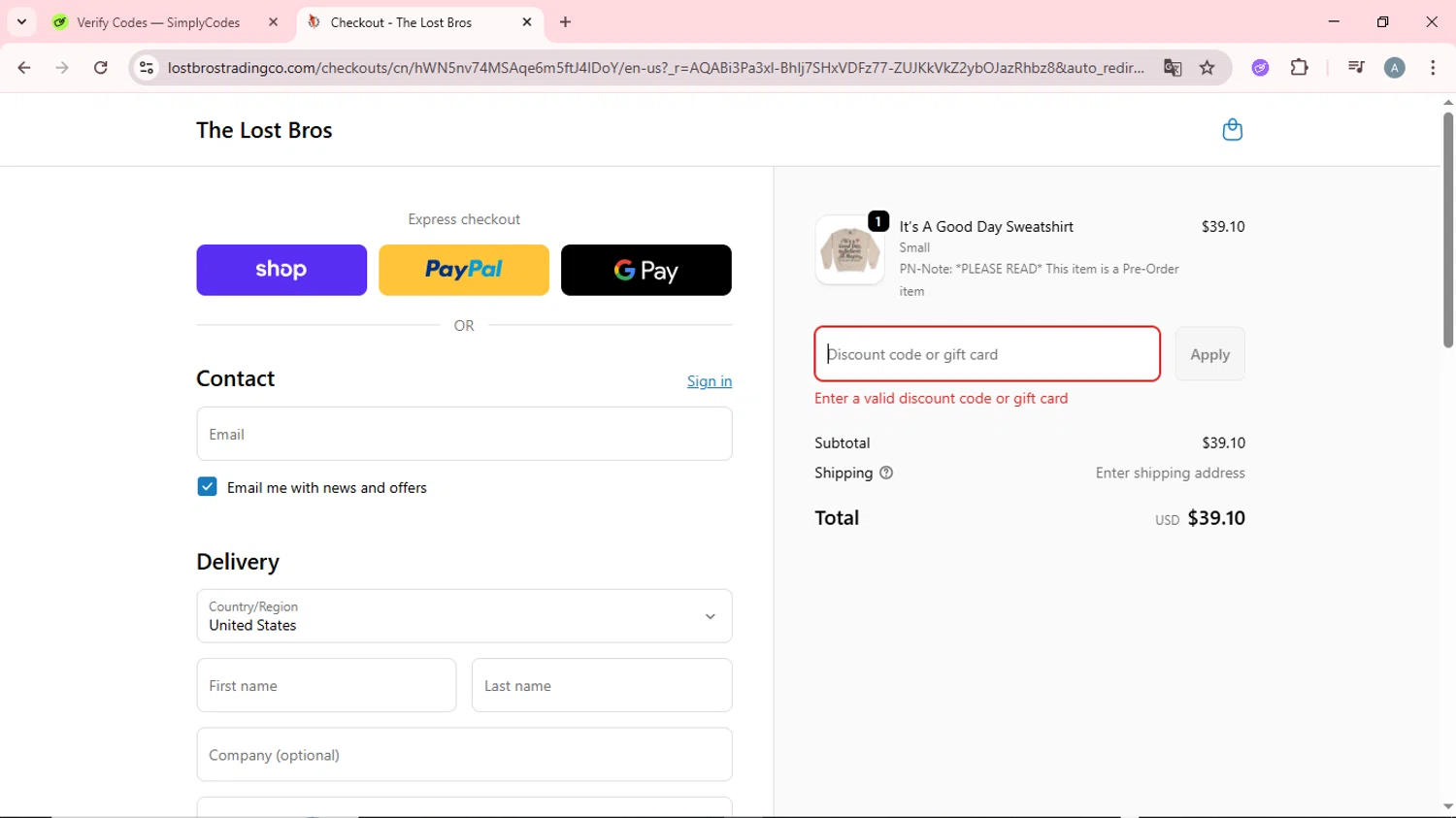 The Lost Bros discount code screenshot showing code NEVERGROWUP applied at The Lost Bros checkout page. Uploaded by SimplyCodes community member CrownSpotter6947 on Nov 28, 2025
