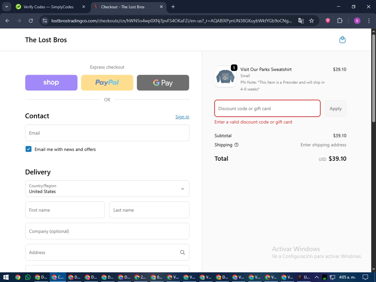 The Lost Bros discount code screenshot showing code NEVERGROWUP applied at The Lost Bros checkout page. Uploaded by SimplyCodes community member travisscott on Nov 28, 2025