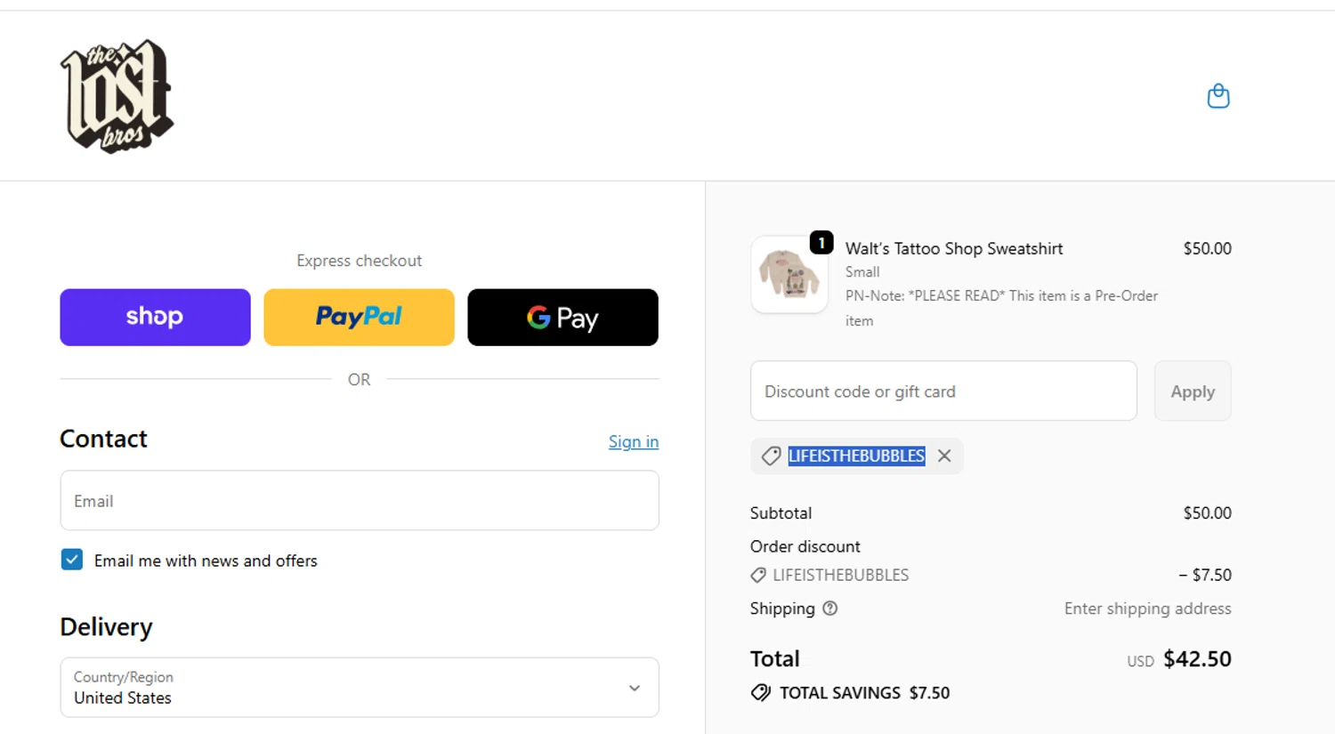 The Lost Bros discount code screenshot showing code LIFEISTHEBUBBLES applied at The Lost Bros checkout page. Uploaded by SimplyCodes community member yeresojperez on Dec 23, 2025