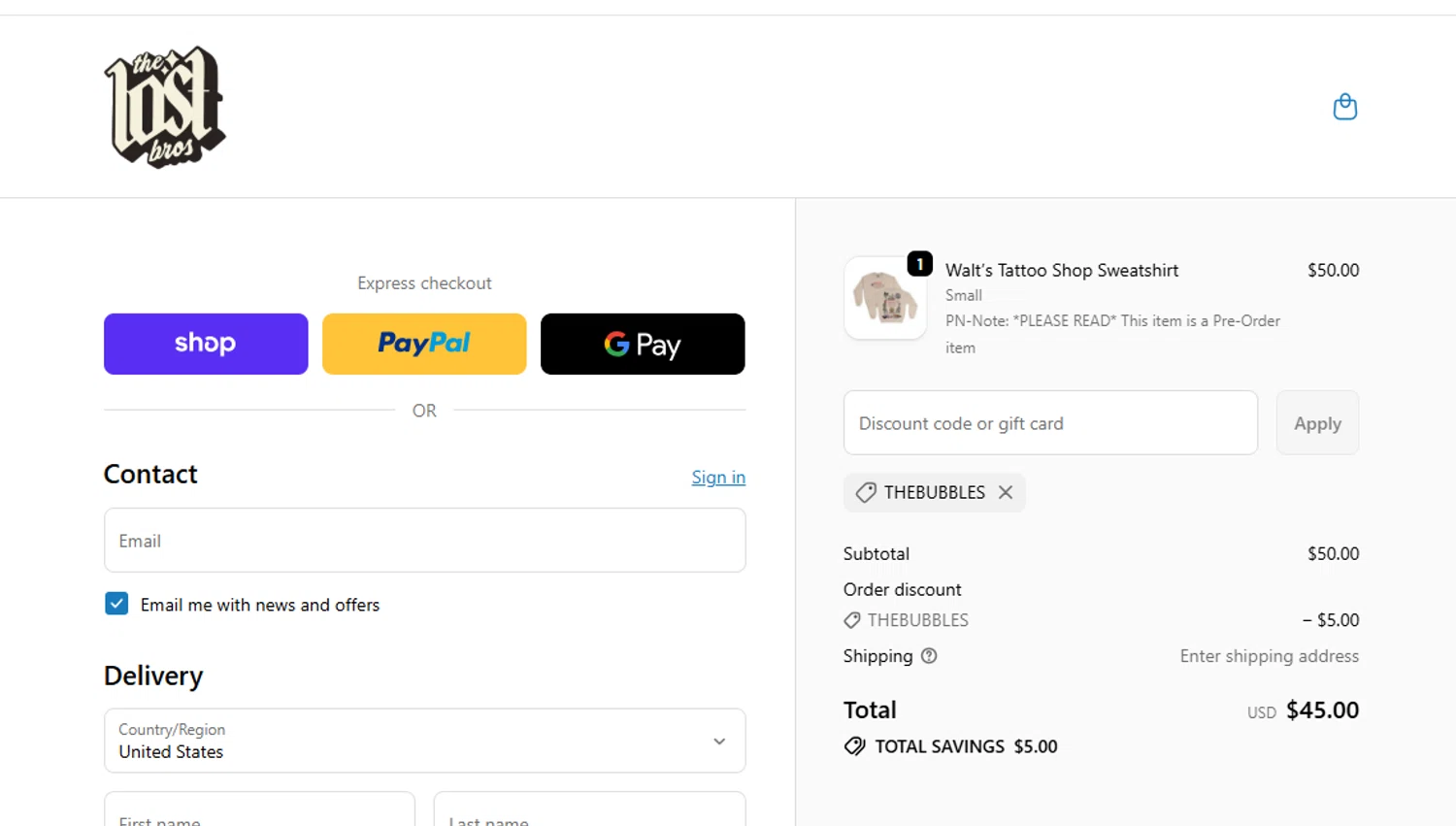 The Lost Bros discount code screenshot showing code THEBUBBLES applied at The Lost Bros checkout page. Uploaded by SimplyCodes community member yeresojperez on Dec 23, 2025