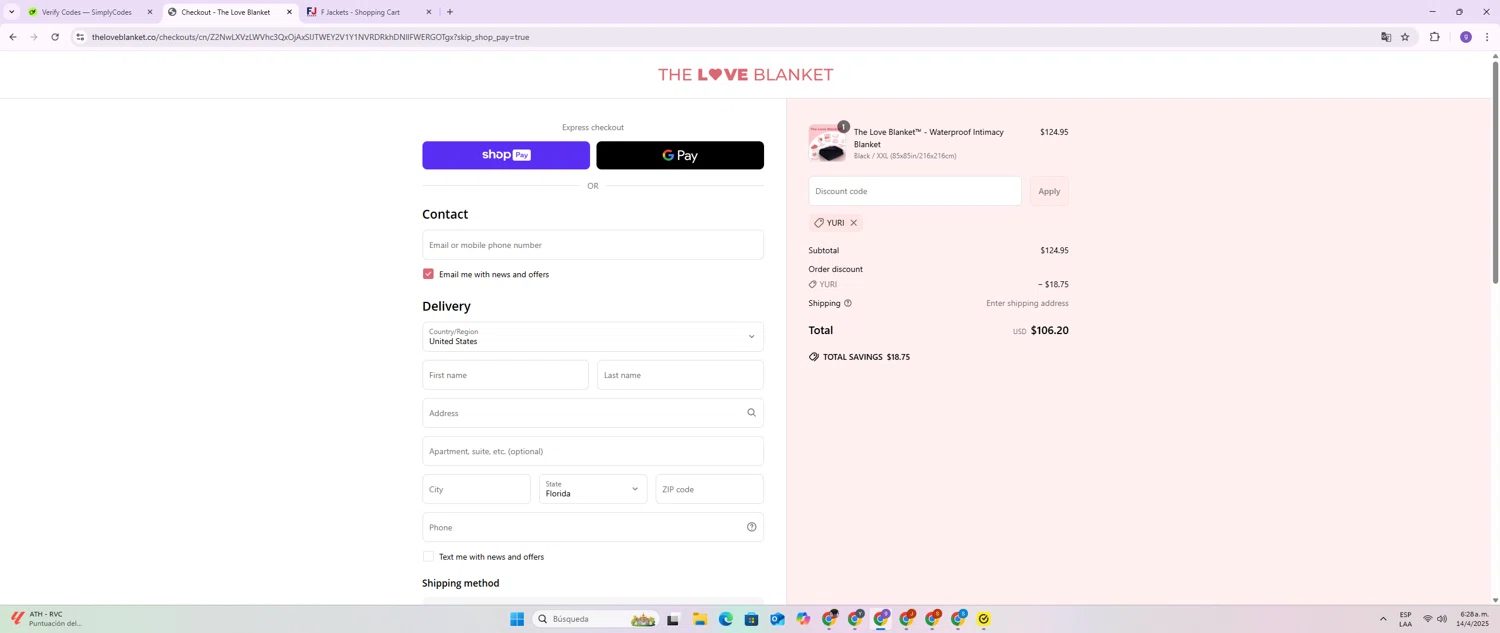 The Love Blanket discount code screenshot showing code YURI applied at The Love Blanket checkout page. Uploaded by SimplyCodes community member BrilliantSentinel3167 on Apr 14, 2025