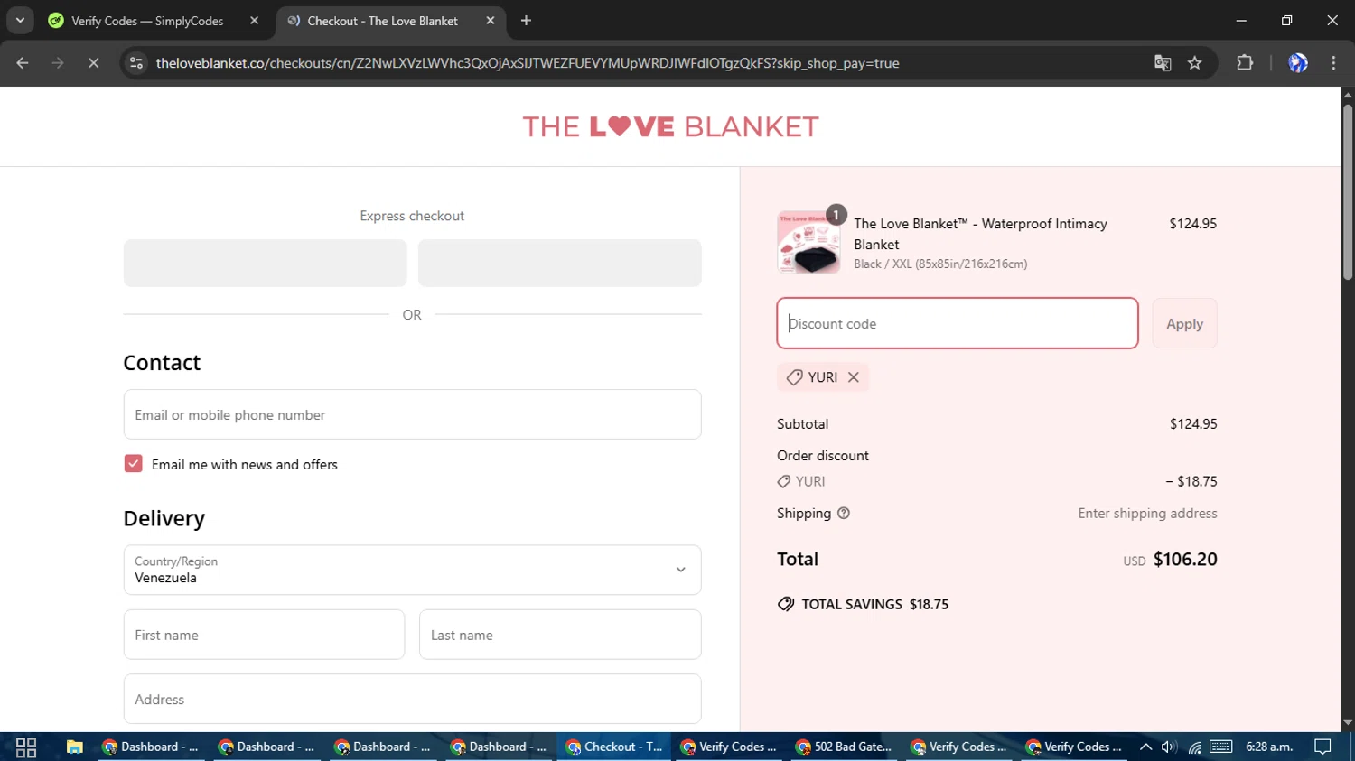 The Love Blanket discount code screenshot showing code YURI applied at The Love Blanket checkout page. Uploaded by SimplyCodes community member WiseHunter8213 on Apr 14, 2025