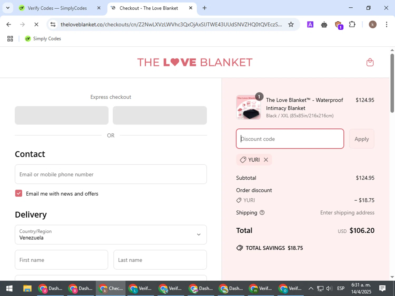 The Love Blanket discount code screenshot showing code YURI applied at The Love Blanket checkout page. Uploaded by SimplyCodes community member RewardRanger298 on Apr 14, 2025