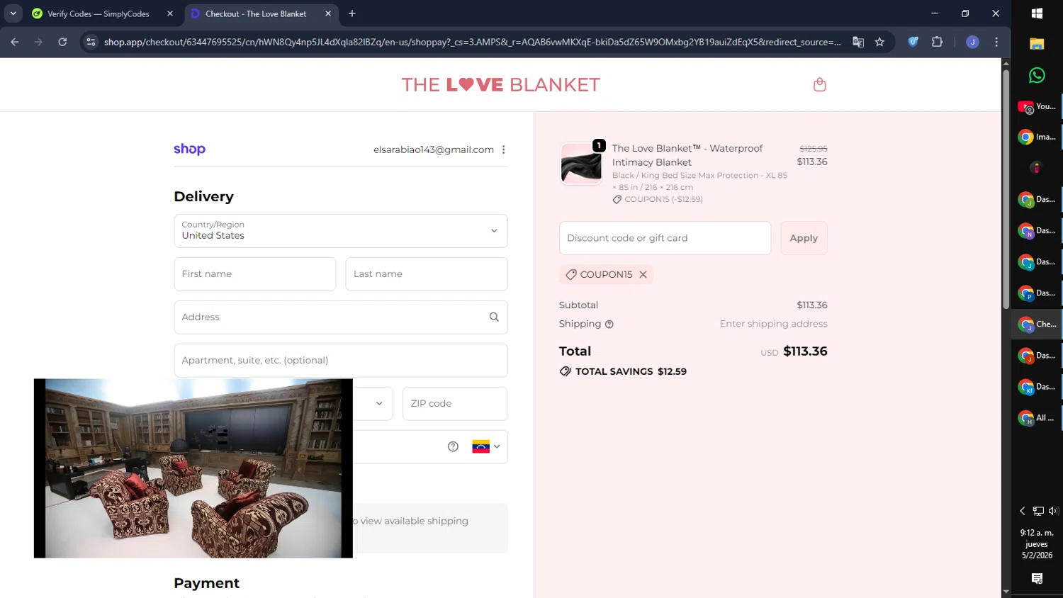The Love Blanket discount code screenshot showing code coupon15 applied at The Love Blanket checkout page. Uploaded by SimplyCodes community member CouponGuardian8137 on Feb 5, 2026