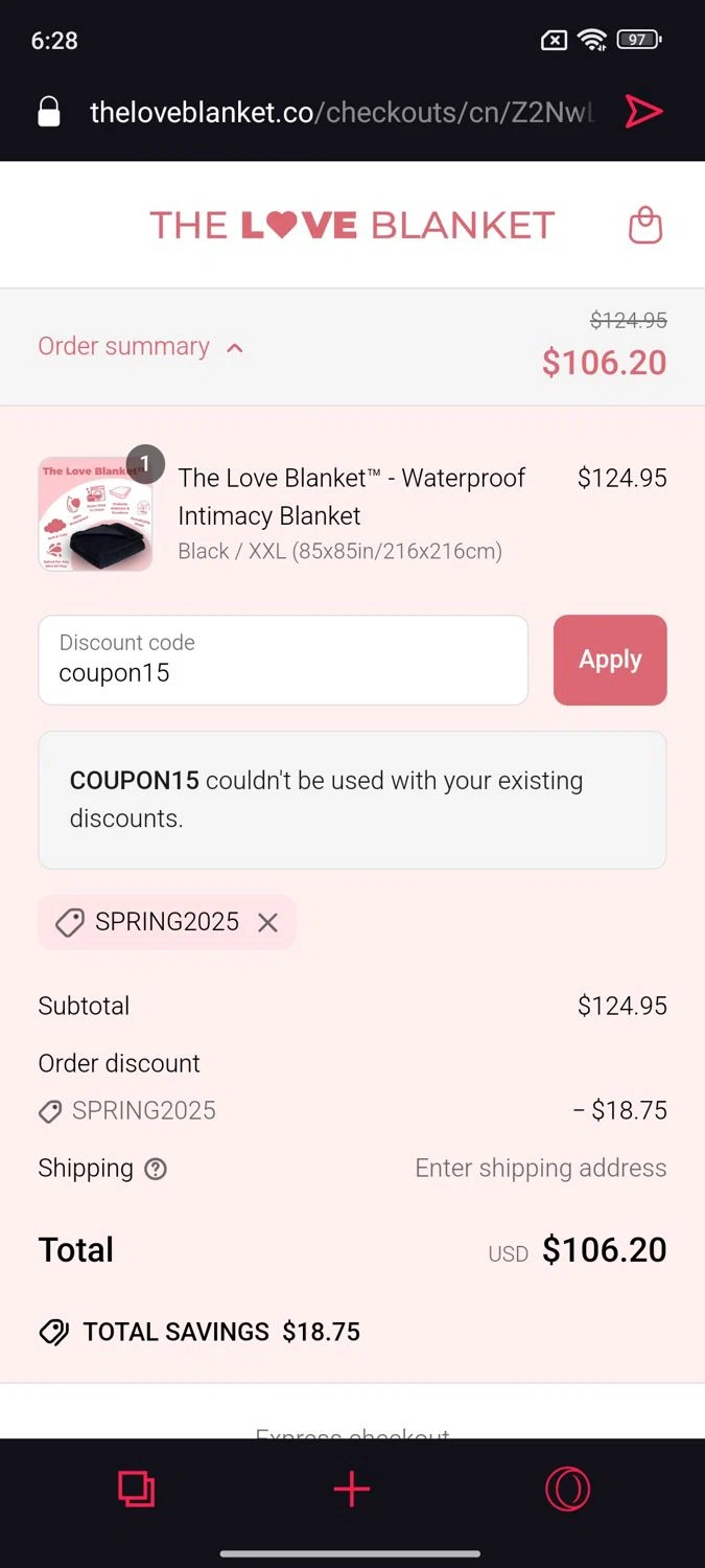 The Love Blanket discount code screenshot showing code coupon15 applied at The Love Blanket checkout page. Uploaded by SimplyCodes community member Mykeusername on Apr 14, 2025