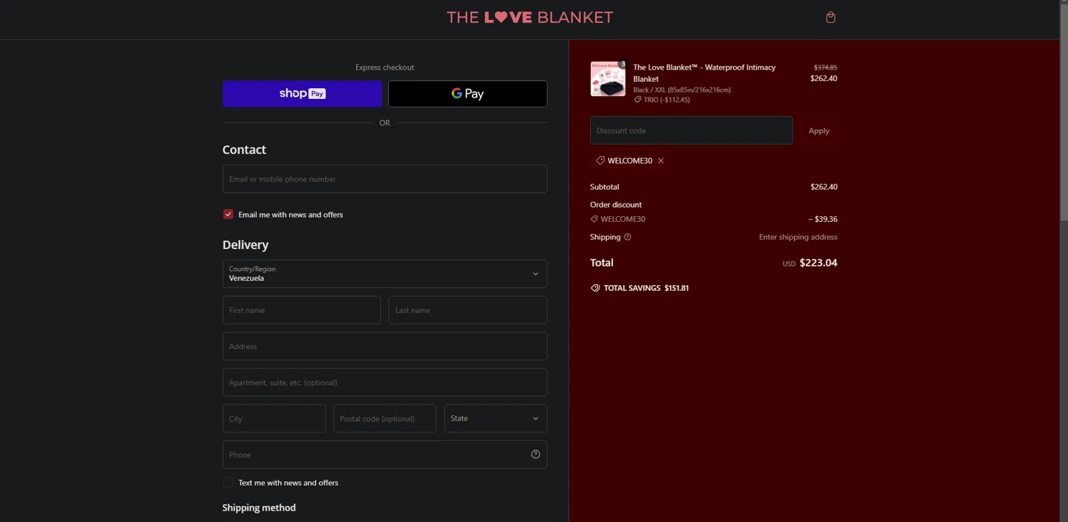 The Love Blanket discount code screenshot showing code WELCOME30 applied at The Love Blanket checkout page. Uploaded by SimplyCodes community member POWERRANGERRED on Jan 30, 2025