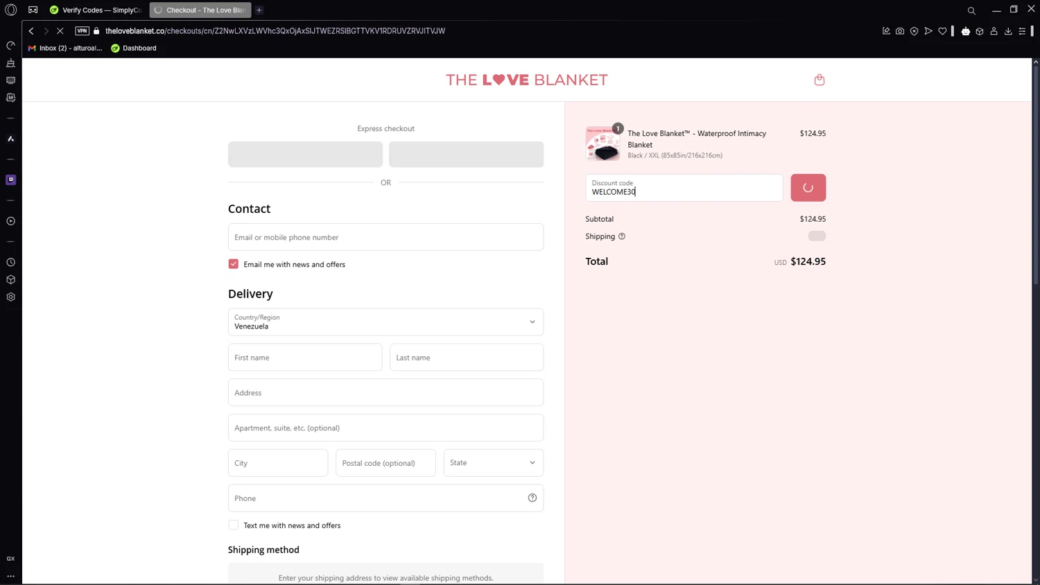 The Love Blanket discount code screenshot showing code WELCOME30 applied at The Love Blanket checkout page. Uploaded by SimplyCodes community member CleverSage7079 on Apr 14, 2025