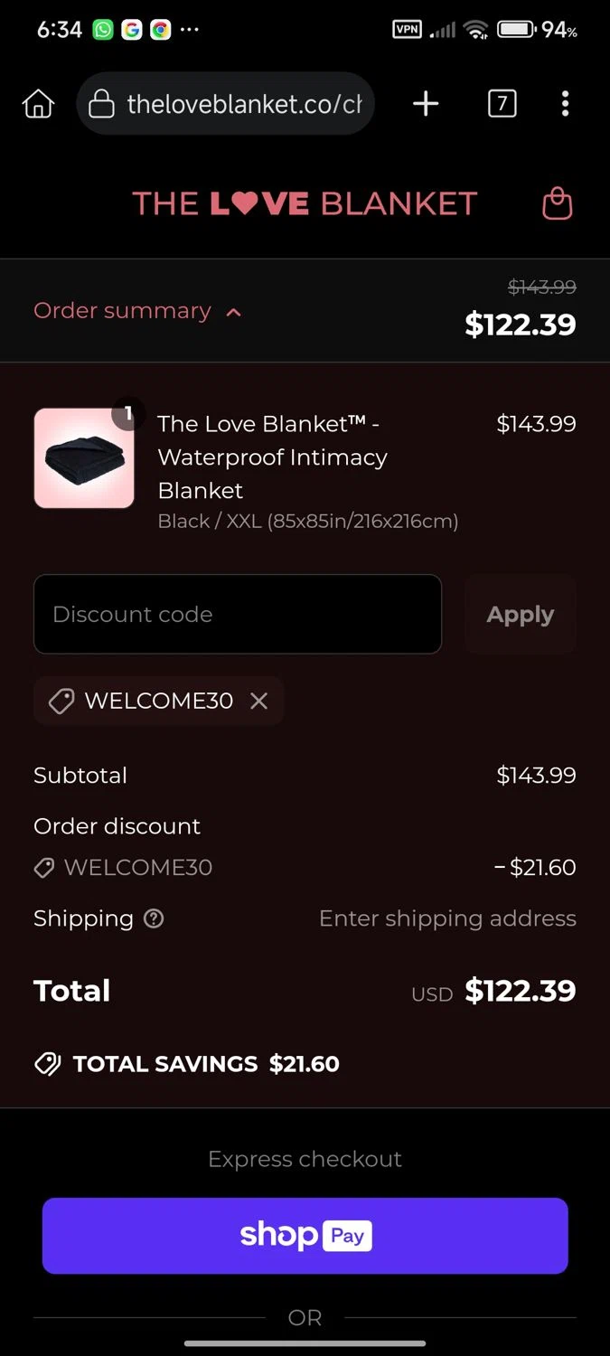 The Love Blanket discount code screenshot showing code WELCOME30 applied at The Love Blanket checkout page. Uploaded by SimplyCodes community member cuenta03 on Jun 28, 2025
