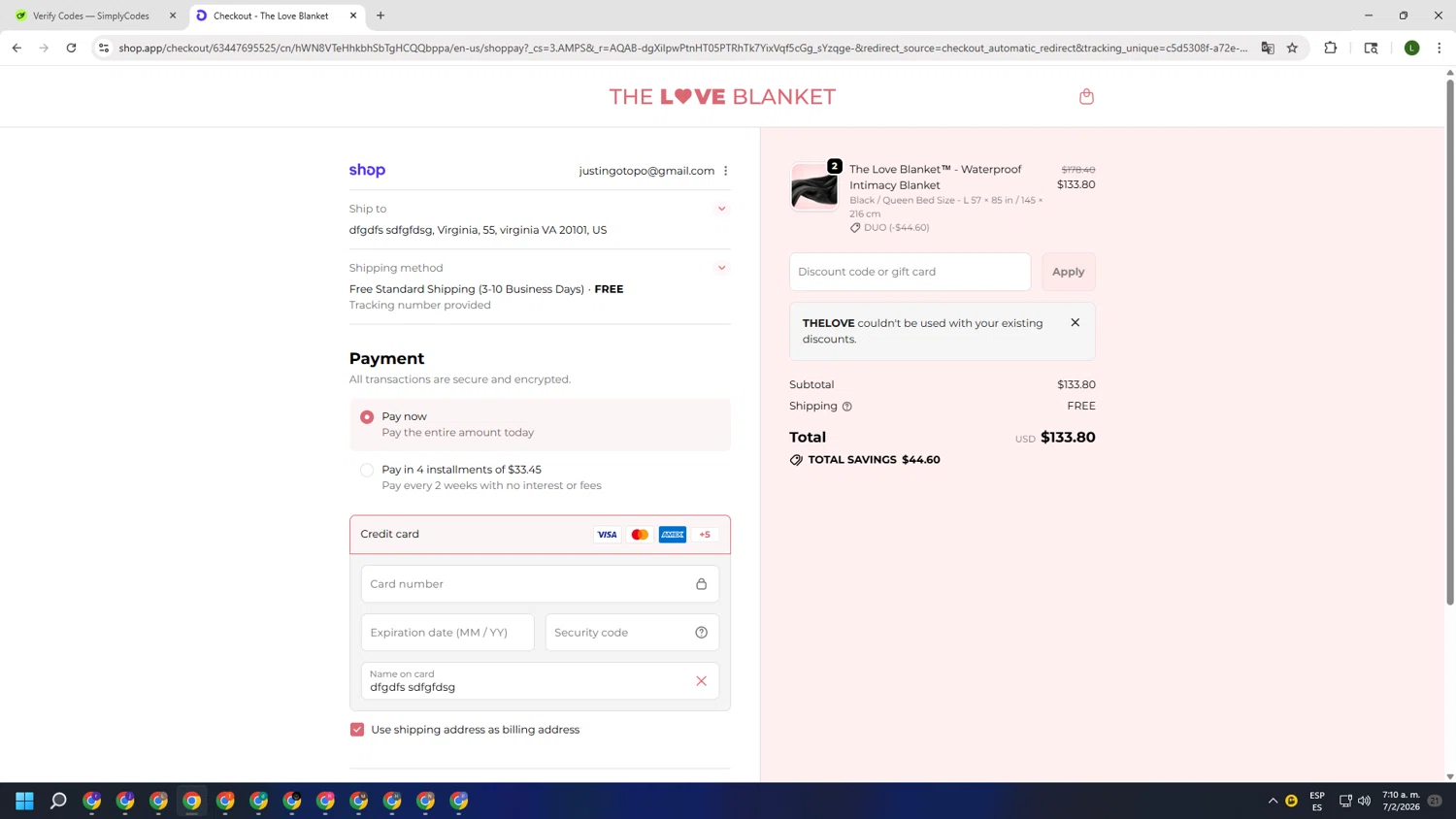 The Love Blanket checkout page showing The Love Blanket discount code box | Screenshot taken by SimplyCodes community member on Feb 7, 2026