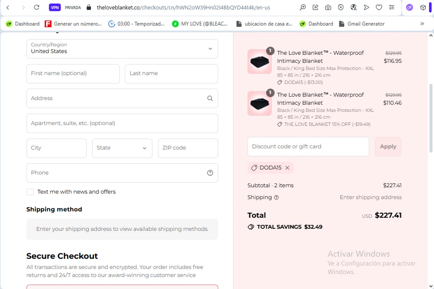 The Love Blanket discount code screenshot showing code DODA15 applied at The Love Blanket checkout page. Uploaded by SimplyCodes community member Francisco01 on Sep 10, 2025