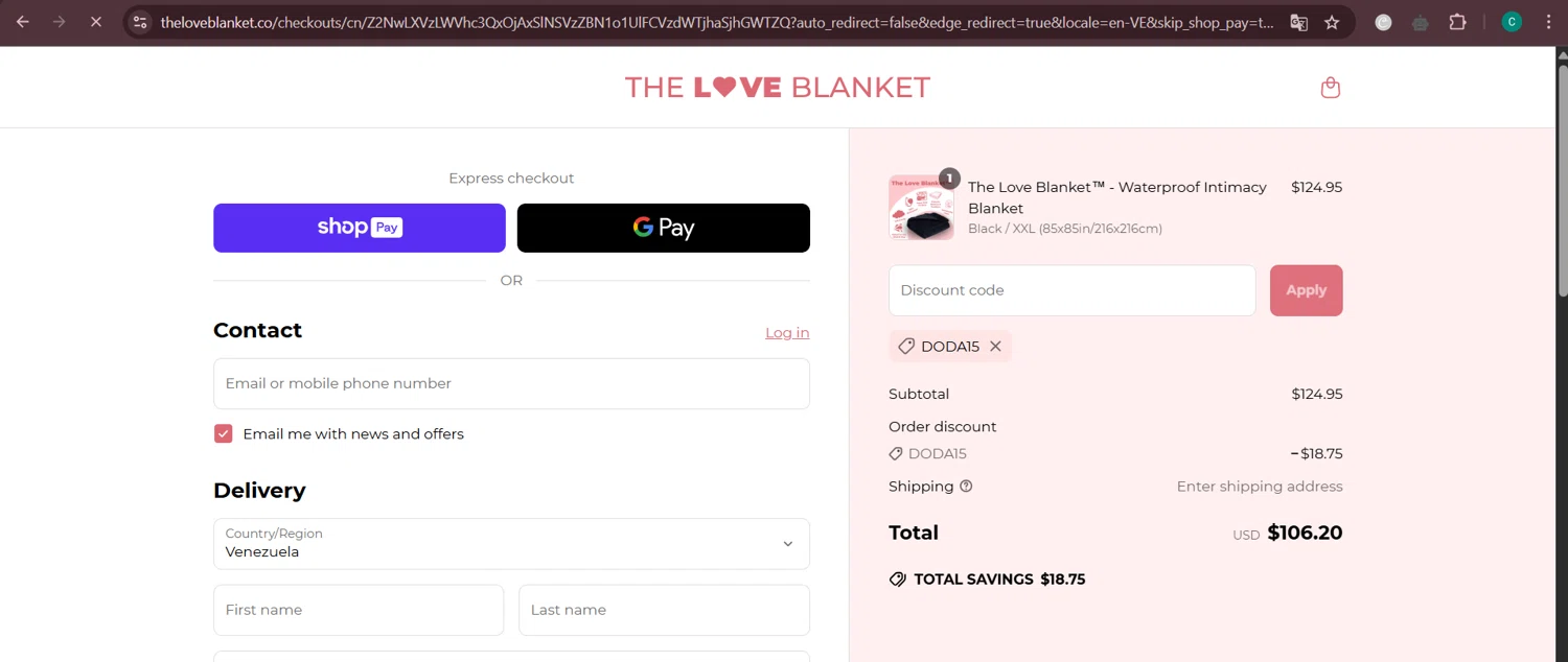 The Love Blanket discount code screenshot showing code DODA15 applied at The Love Blanket checkout page. Uploaded by SimplyCodes community member Negritoo on May 25, 2025