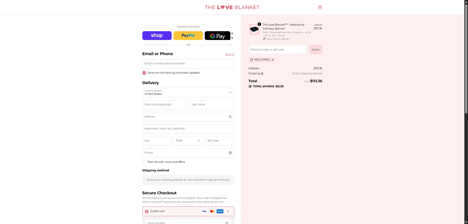 The Love Blanket promo code screenshot showing code WELCOMES applied at The Love Blanket checkout page. Uploaded by SimplyCodes community member SwiftHunter5737 on Jan 29, 2026