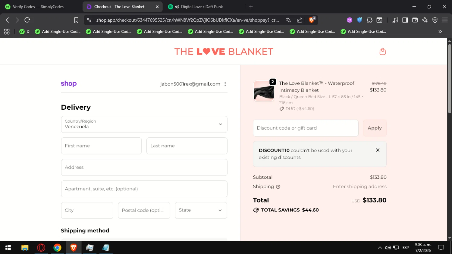 The Love Blanket checkout page showing The Love Blanket discount code box | Screenshot taken by SimplyCodes community member on Feb 7, 2026