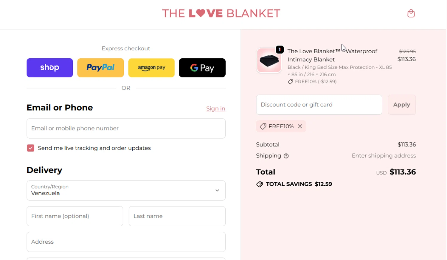 The Love Blanket promo code screenshot showing code free10% applied at The Love Blanket checkout page. Uploaded by SimplyCodes community member BudgetGuardian5712 on Jan 31, 2026