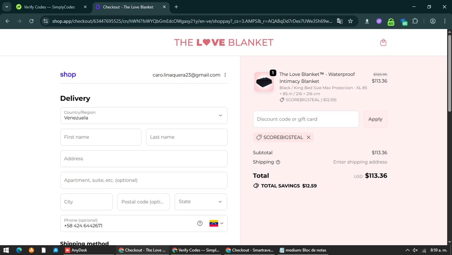 The Love Blanket discount code screenshot showing code scorebigsteal applied at The Love Blanket checkout page. Uploaded by SimplyCodes community member LOgoter on Jan 20, 2026