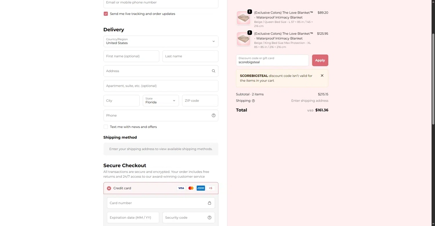The Love Blanket discount code screenshot showing code scorebigsteal applied at The Love Blanket checkout page. Uploaded by SimplyCodes community member jesus4 on Dec 30, 2025