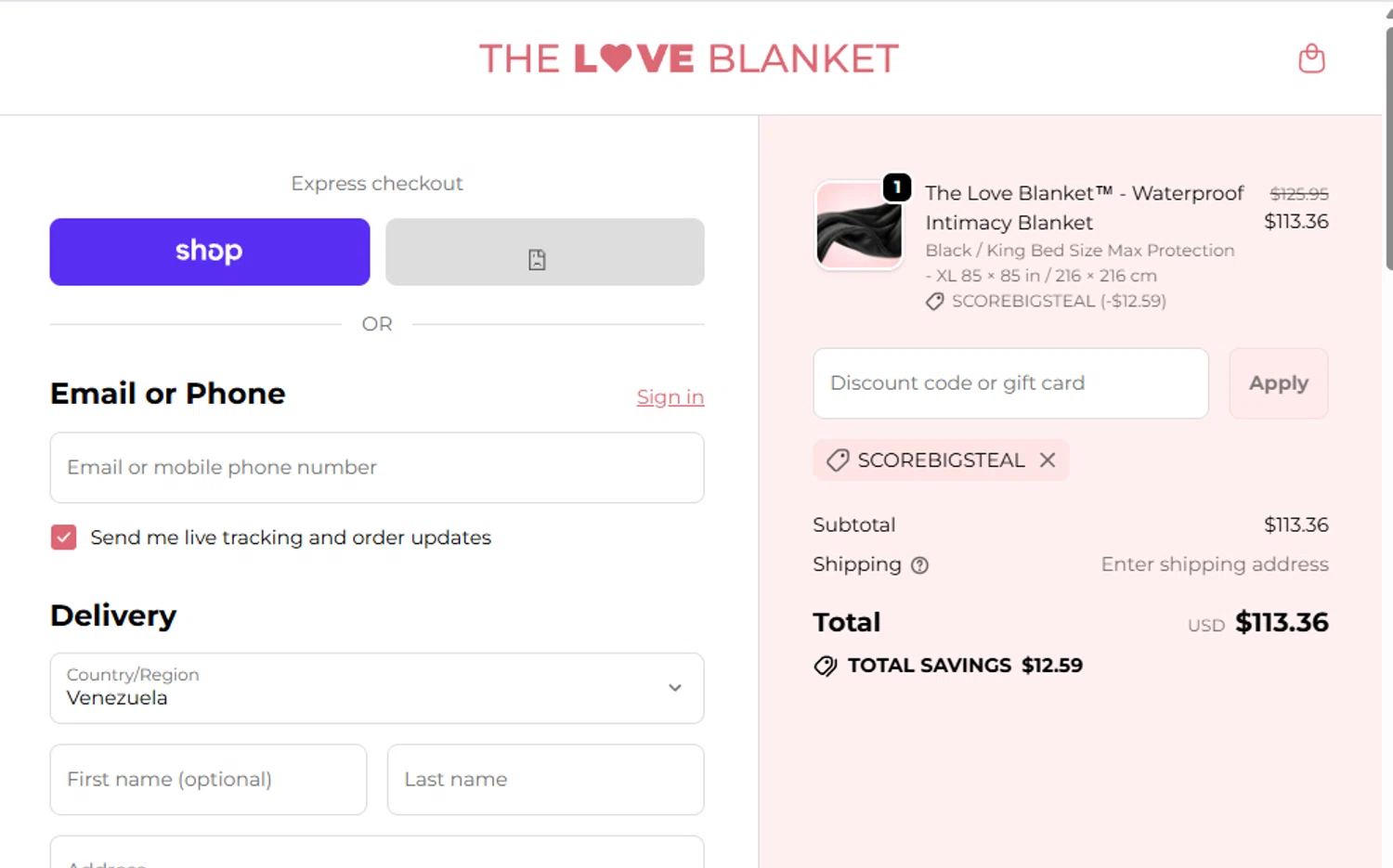 The Love Blanket discount code screenshot showing code scorebigsteal applied at The Love Blanket checkout page. Uploaded by SimplyCodes community member neptalirengel on Feb 7, 2026