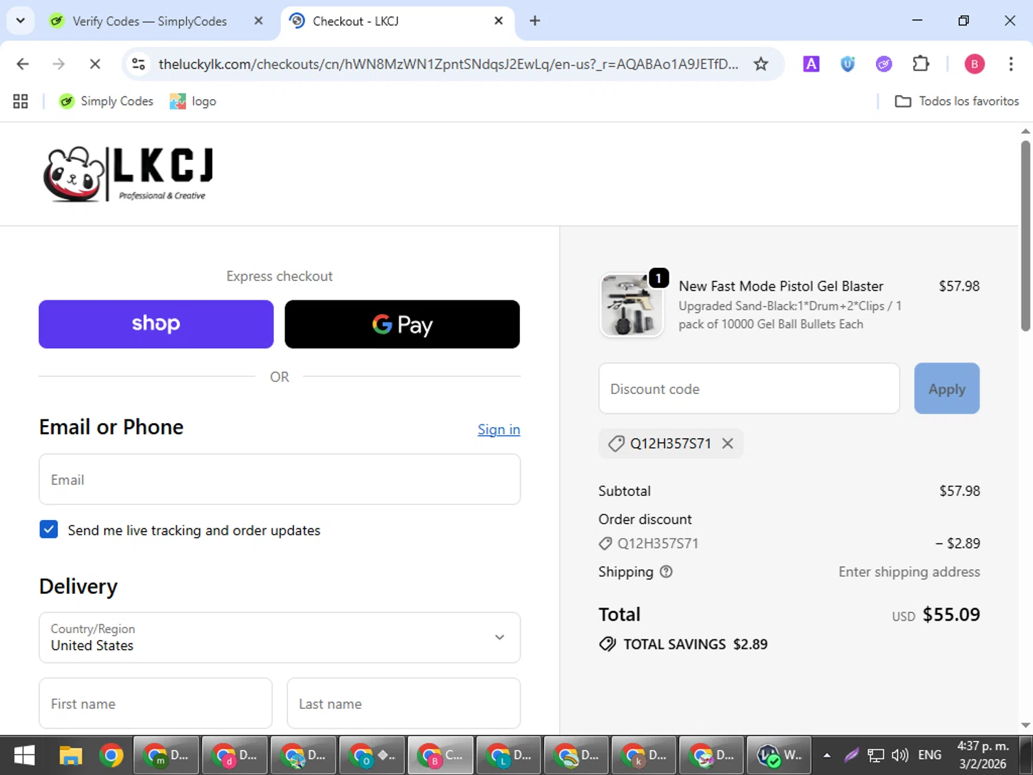 LKCJ checkout page showing LKCJ discount code box | Screenshot taken by SimplyCodes community member on Feb 3, 2026
