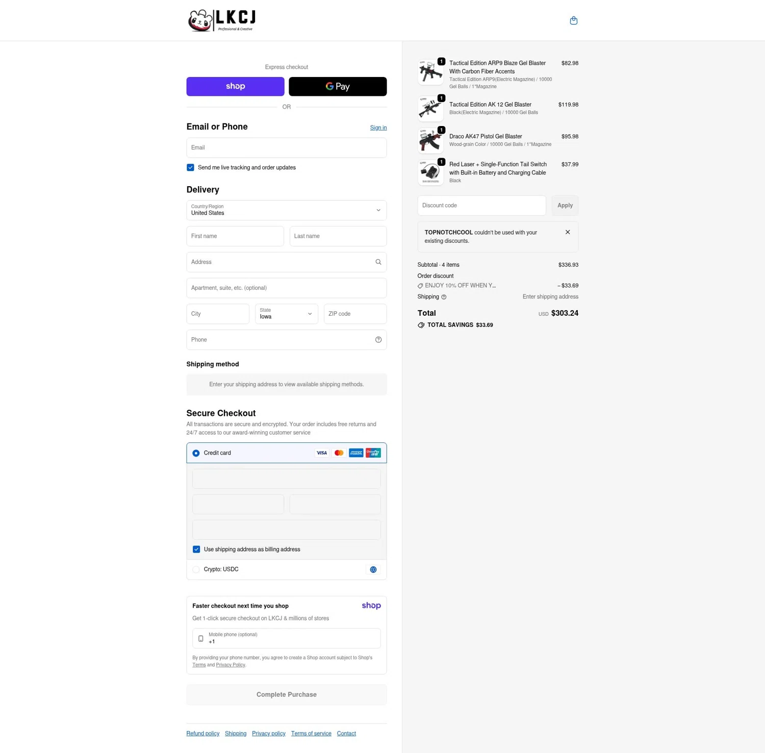 LKCJ discount code screenshot showing code topnotchcool applied at LKCJ checkout page. Uploaded by SimplyCodes community member LOgoter on Jan 15, 2026