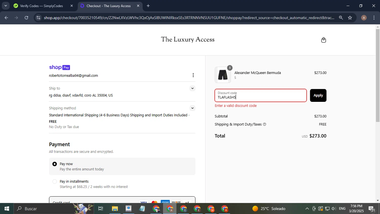 The Luxury Access promo code screenshot showing code TLAFLASH5 applied at The Luxury Access checkout page. Uploaded by SimplyCodes community member CoinHunter8661 on Mar 20, 2025