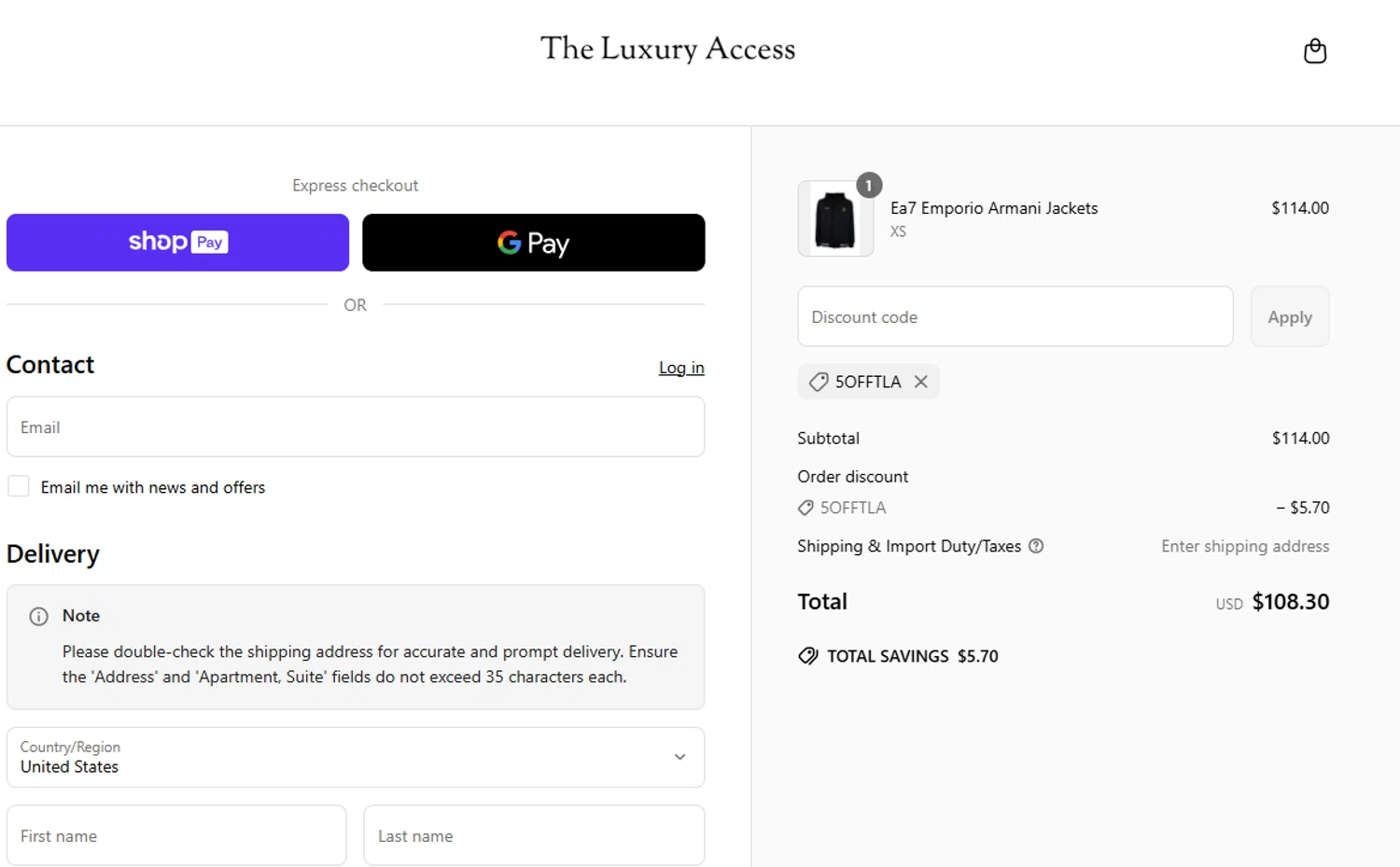 The Luxury Access promo code screenshot showing code 5OFFTLA applied at The Luxury Access checkout page. Uploaded by SimplyCodes community member valeriaantonieta on Jun 20, 2025