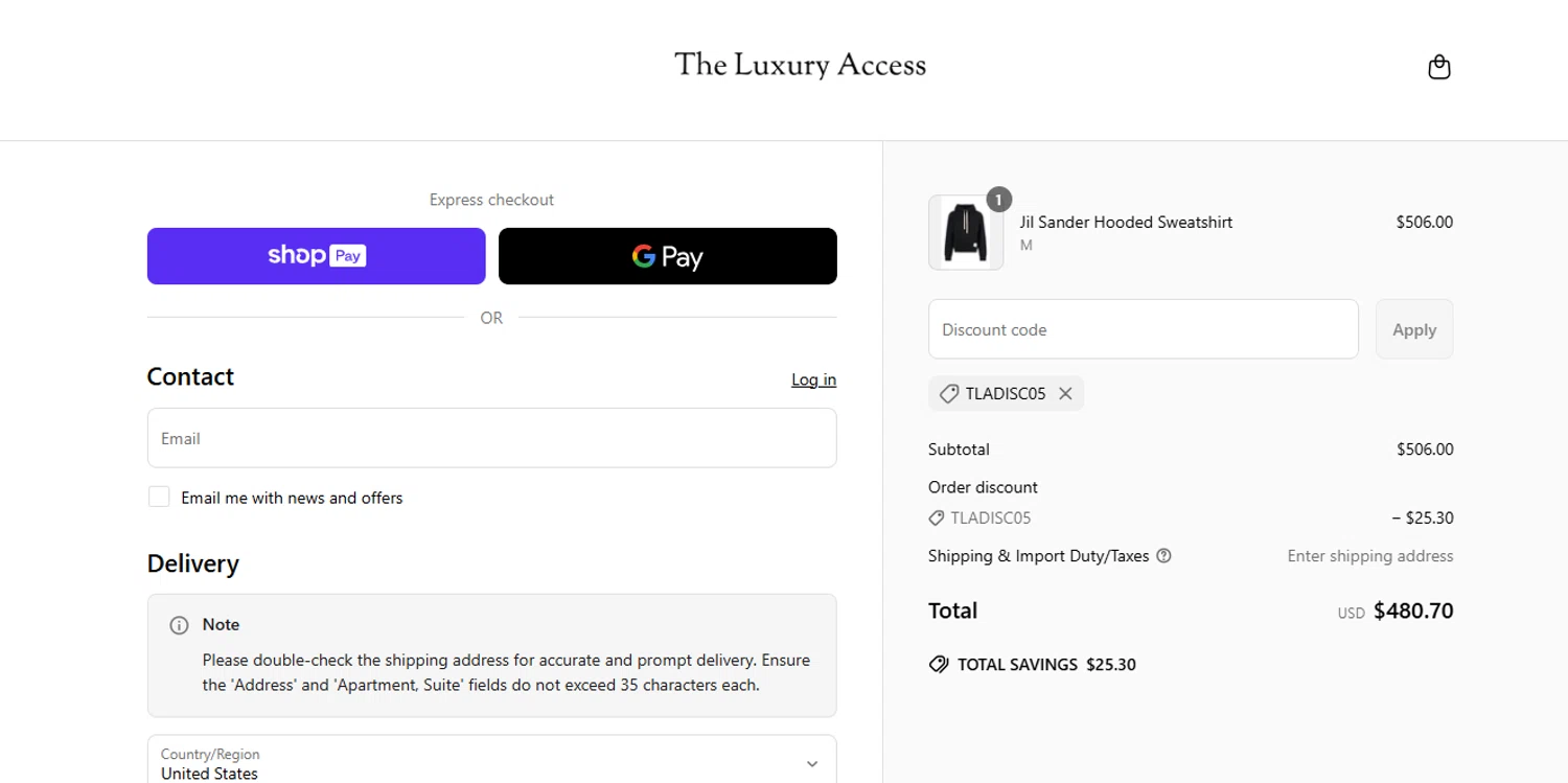 The Luxury Access promo code screenshot showing code TLADISC05 applied at The Luxury Access checkout page. Uploaded by SimplyCodes community member ylenisjordan on Jun 22, 2025