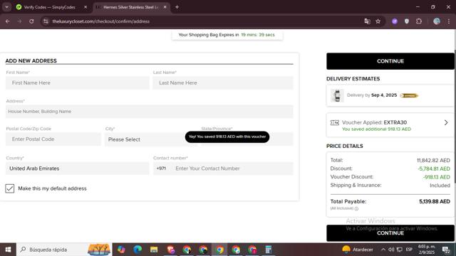 The Luxury Closet UK checkout page showing The Luxury Closet UK promo code box | Screenshot taken by SimplyCodes community member on Sep 2, 2025