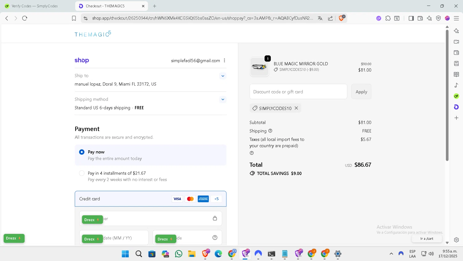 THEMAGIC5 discount code screenshot showing code SIMPLYCODES10 applied at THEMAGIC5 checkout page. Uploaded by SimplyCodes community member DiscountExpert556 on Dec 17, 2025