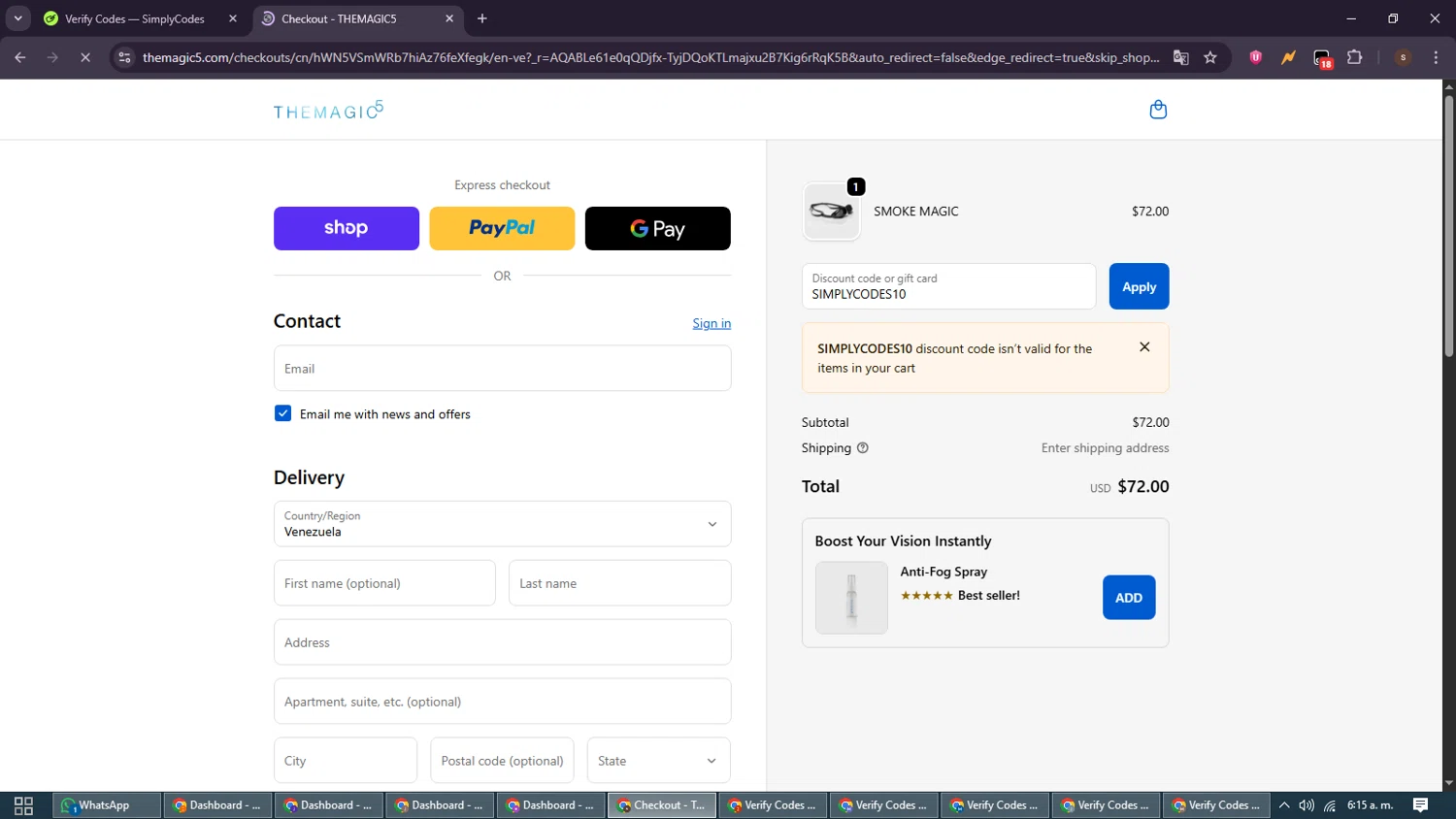 THEMAGIC5 discount code screenshot showing code SIMPLYCODES10 applied at THEMAGIC5 checkout page. Uploaded by SimplyCodes community member GoldSentinel1426 on Nov 20, 2025