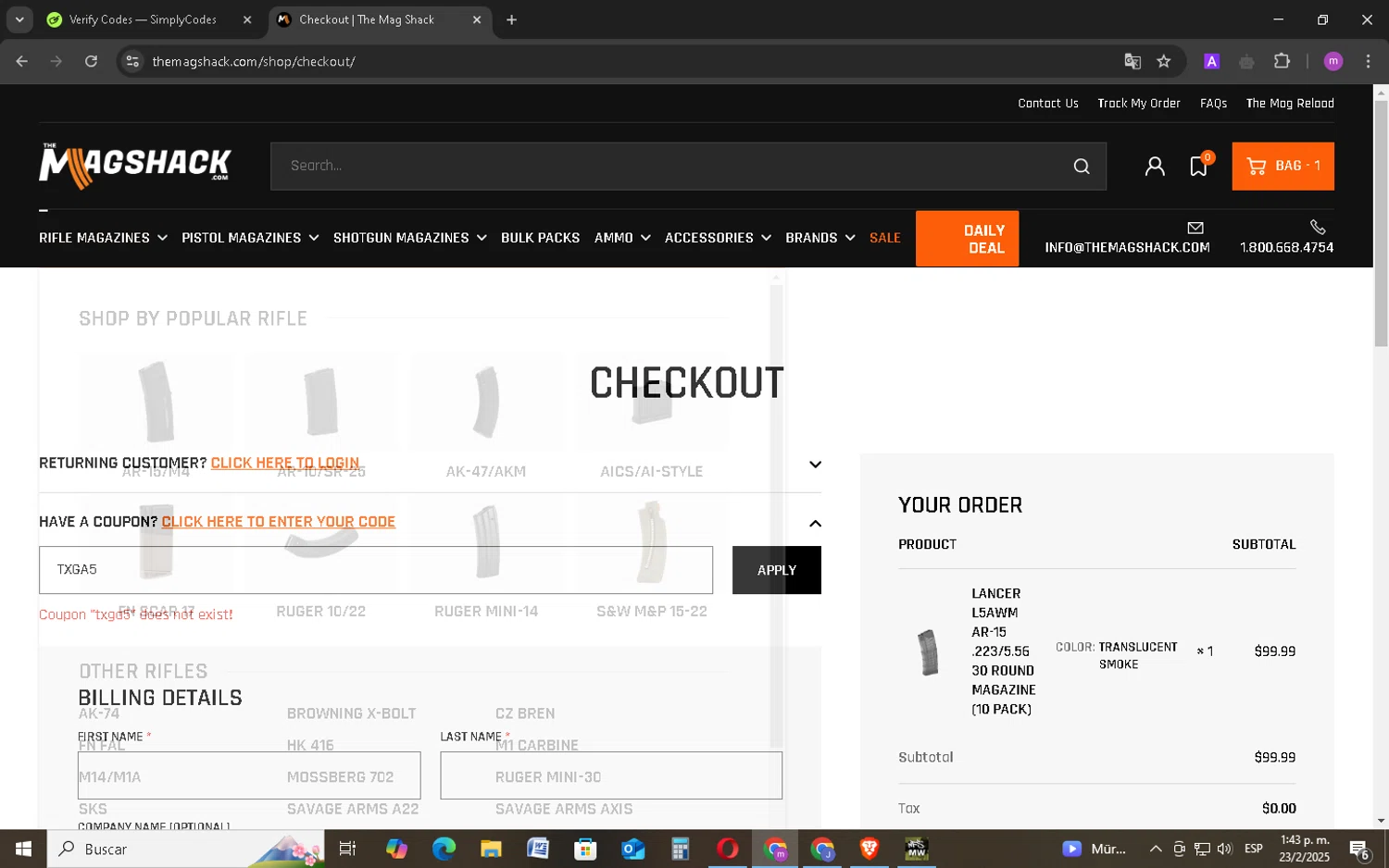 The Mag Shack coupon code screenshot showing code TXGA5 applied at The Mag Shack checkout page. Uploaded by SimplyCodes community member BudgetMonarch8952 on Feb 23, 2025