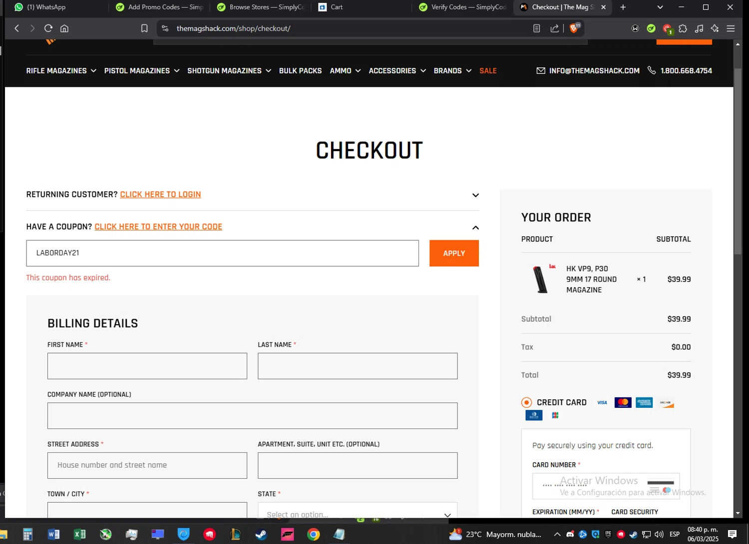 The Mag Shack coupon code screenshot showing code LABORDAY21 applied at The Mag Shack checkout page. Uploaded by SimplyCodes community member Jmhernand1 on Mar 7, 2025