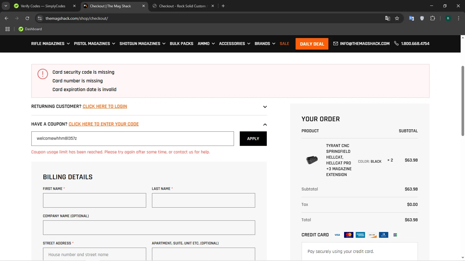 The Mag Shack coupon code screenshot showing code welcomewhhm8l357z applied at The Mag Shack checkout page. Uploaded by SimplyCodes community member Coneflavols on Mar 23, 2025