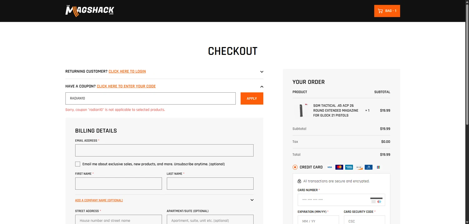The Mag Shack coupon code screenshot showing code RADIAN10 applied at The Mag Shack checkout page. Uploaded by SimplyCodes community member EpicLegend237 on Feb 20, 2026