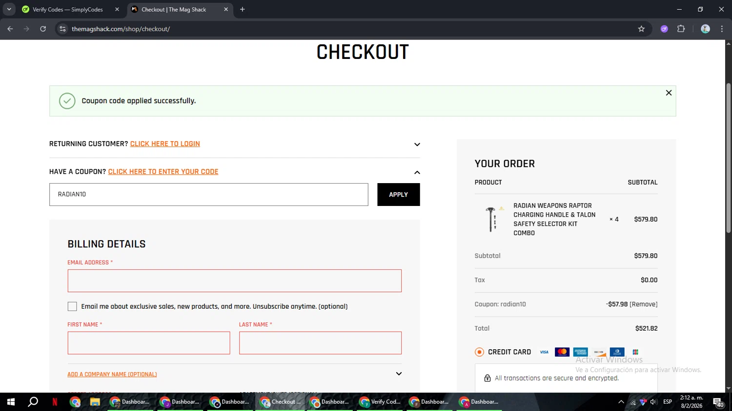 The Mag Shack checkout page showing The Mag Shack coupon code box | Screenshot taken by SimplyCodes community member on Feb 8, 2026