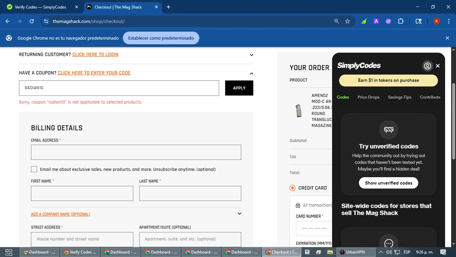 The Mag Shack coupon code screenshot showing code RADIAN10 applied at The Mag Shack checkout page. Uploaded by SimplyCodes community member robertotorrealba on Feb 20, 2026
