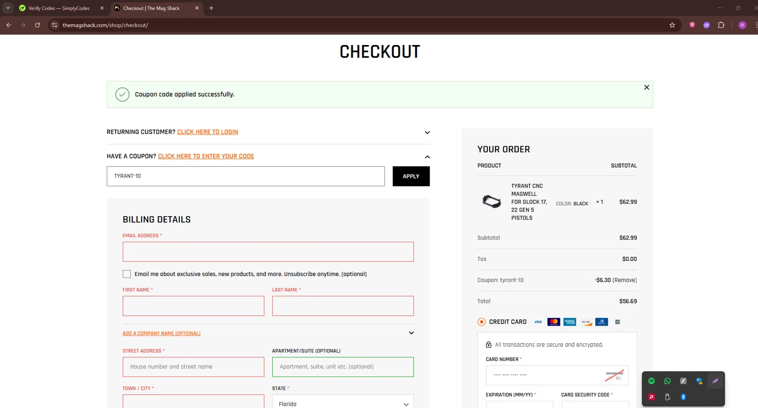 The Mag Shack coupon code screenshot showing code TYRANT-10 applied at The Mag Shack checkout page. Uploaded by SimplyCodes community member RoyalSentinel4577 on Dec 22, 2025