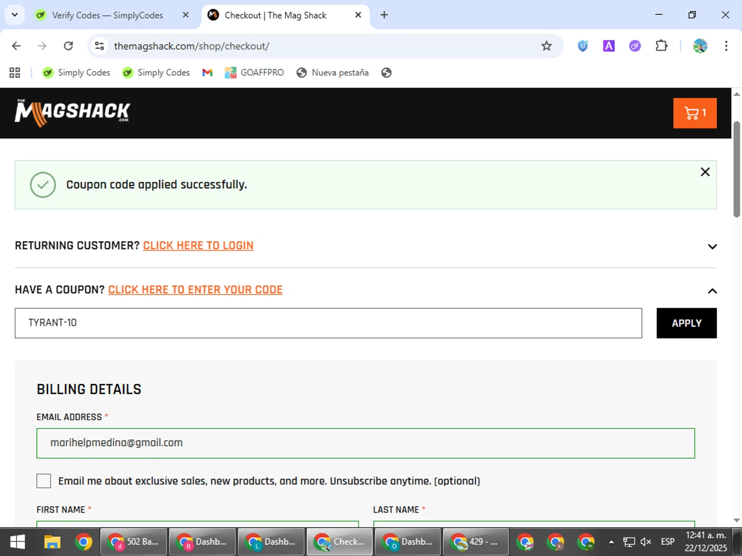 The Mag Shack coupon code screenshot showing code TYRANT-10 applied at The Mag Shack checkout page. Uploaded by SimplyCodes community member ShrewdSpotter4101 on Dec 22, 2025
