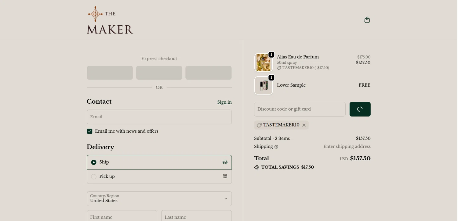 The Maker Shop promo code screenshot showing code TASTEMAKER10 applied at The Maker Shop checkout page. Uploaded by SimplyCodes community member Alydrop on Jan 8, 2026