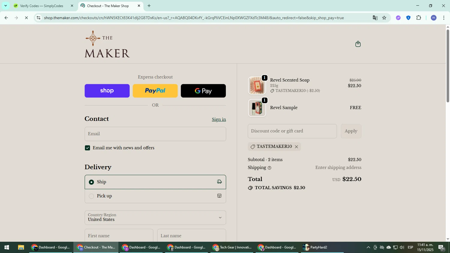 The Maker Shop promo code screenshot showing code TASTEMAKER10 applied at The Maker Shop checkout page. Uploaded by SimplyCodes community member QuestDefender2661 on Nov 15, 2025
