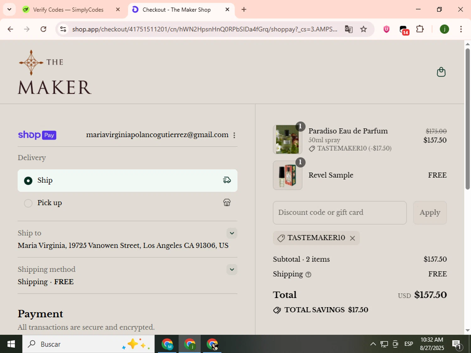 The Maker Shop promo code screenshot showing code TASTEMAKER10 applied at The Maker Shop checkout page. Uploaded by SimplyCodes community member SavingsCollector2592 on Aug 27, 2025