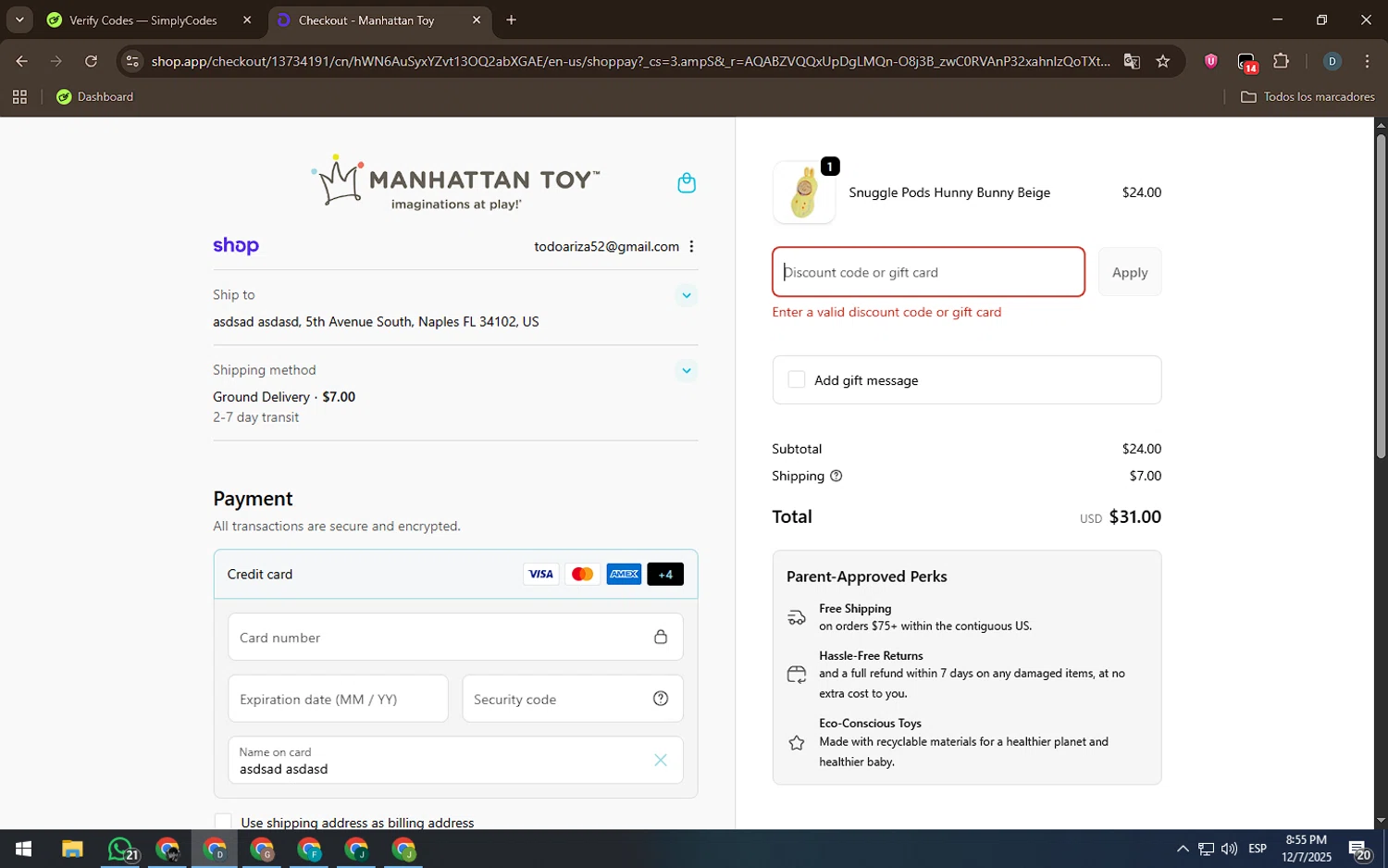 The Manhattan Toy Company promo code screenshot showing code 50CLOSEOUT applied at The Manhattan Toy Company checkout page. Uploaded by SimplyCodes community member Rei_Chikita_uwu on Dec 8, 2025