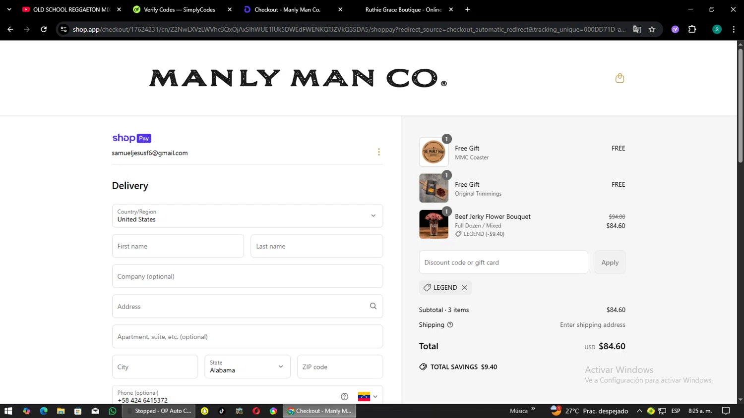 The Manly Man Co coupon code screenshot showing code LEGEND applied at The Manly Man Co checkout page. Uploaded by SimplyCodes community member SaleHawk4558 on Jun 16, 2025