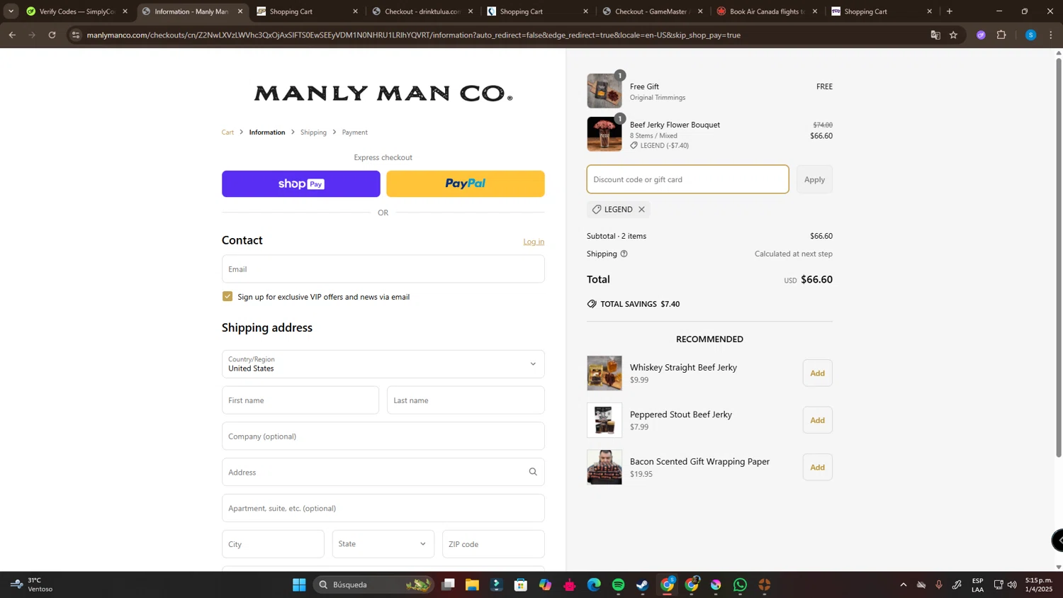 The Manly Man Co coupon code screenshot showing code LEGEND applied at The Manly Man Co checkout page. Uploaded by SimplyCodes community member SalvadorC1 on Apr 1, 2025