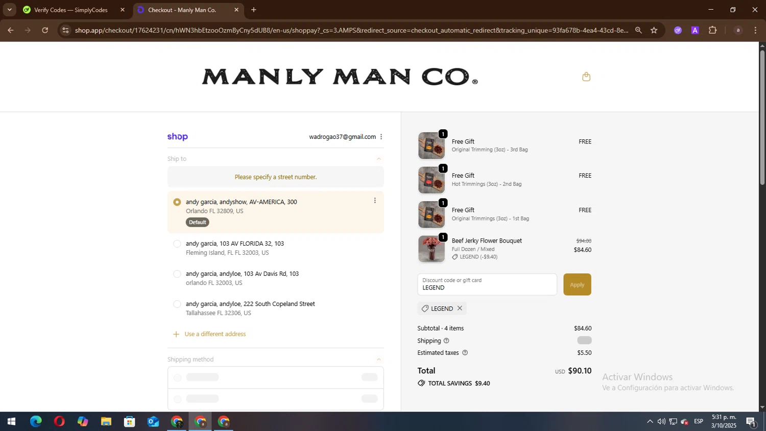 The Manly Man Co coupon code screenshot showing code LEGEND applied at The Manly Man Co checkout page. Uploaded by SimplyCodes community member lisandro on Oct 3, 2025