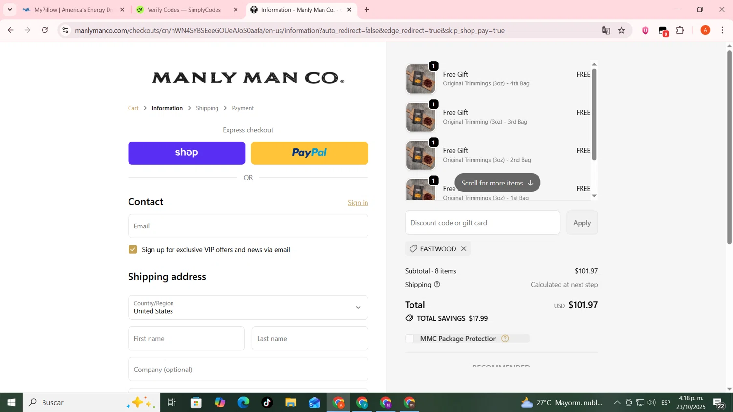 The Manly Man Co coupon code screenshot showing code EASTWOOD applied at The Manly Man Co checkout page. Uploaded by SimplyCodes community member FrugalSentinel6206 on Oct 23, 2025