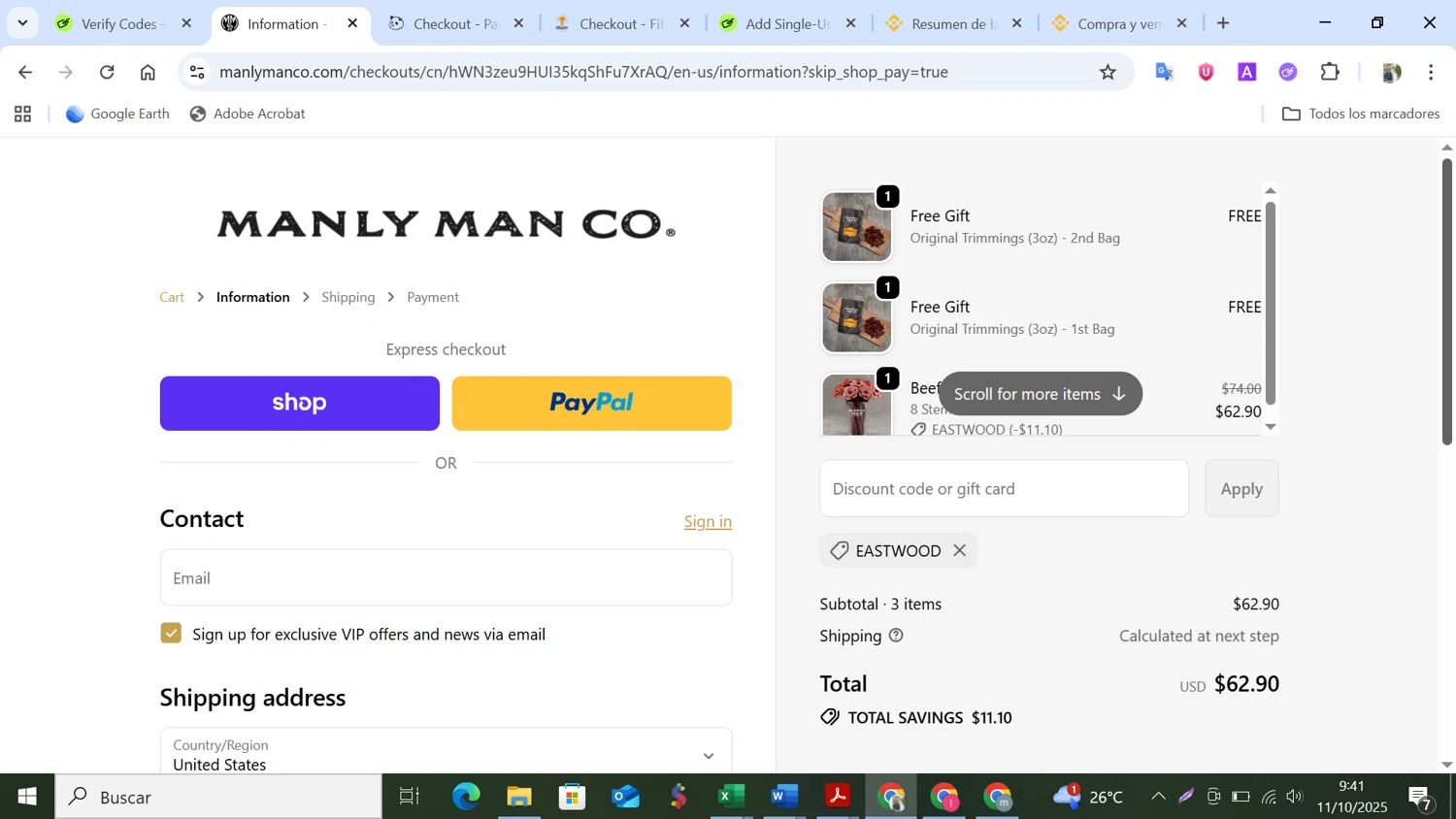 The Manly Man Co coupon code screenshot showing code EASTWOOD applied at The Manly Man Co checkout page. Uploaded by SimplyCodes community member NobleMonarch5837 on Oct 11, 2025