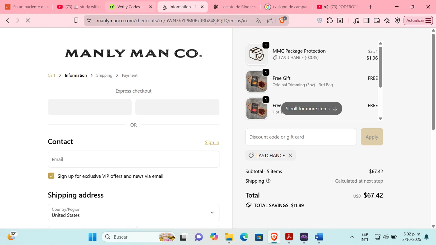 The Manly Man Co coupon code screenshot showing code LASTCHANCE applied at The Manly Man Co checkout page. Uploaded by SimplyCodes community member Tratala on Oct 3, 2025